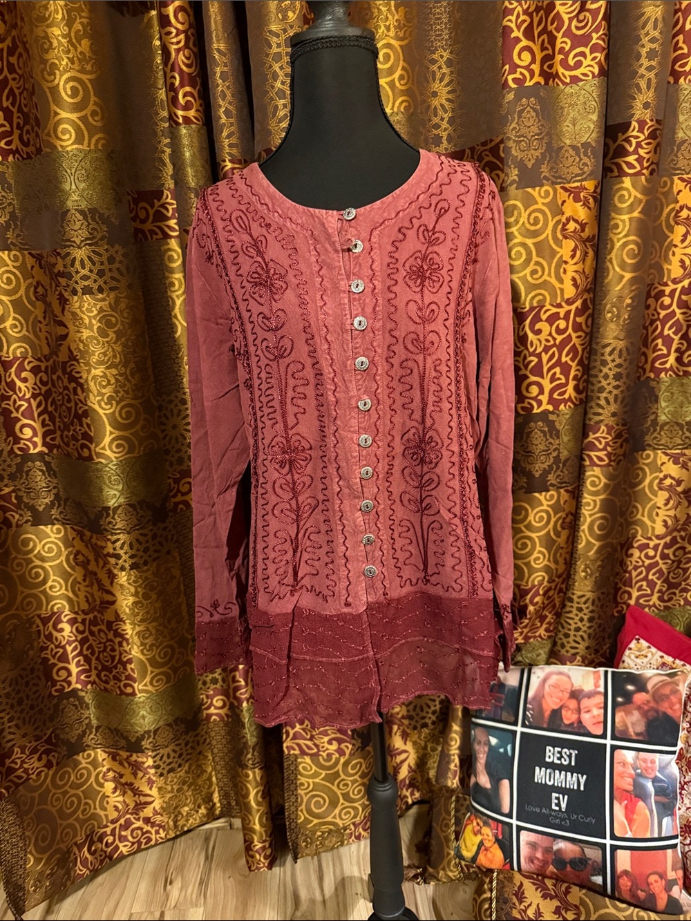Sacred Threads Rose Button-Front Embroidered Tunic